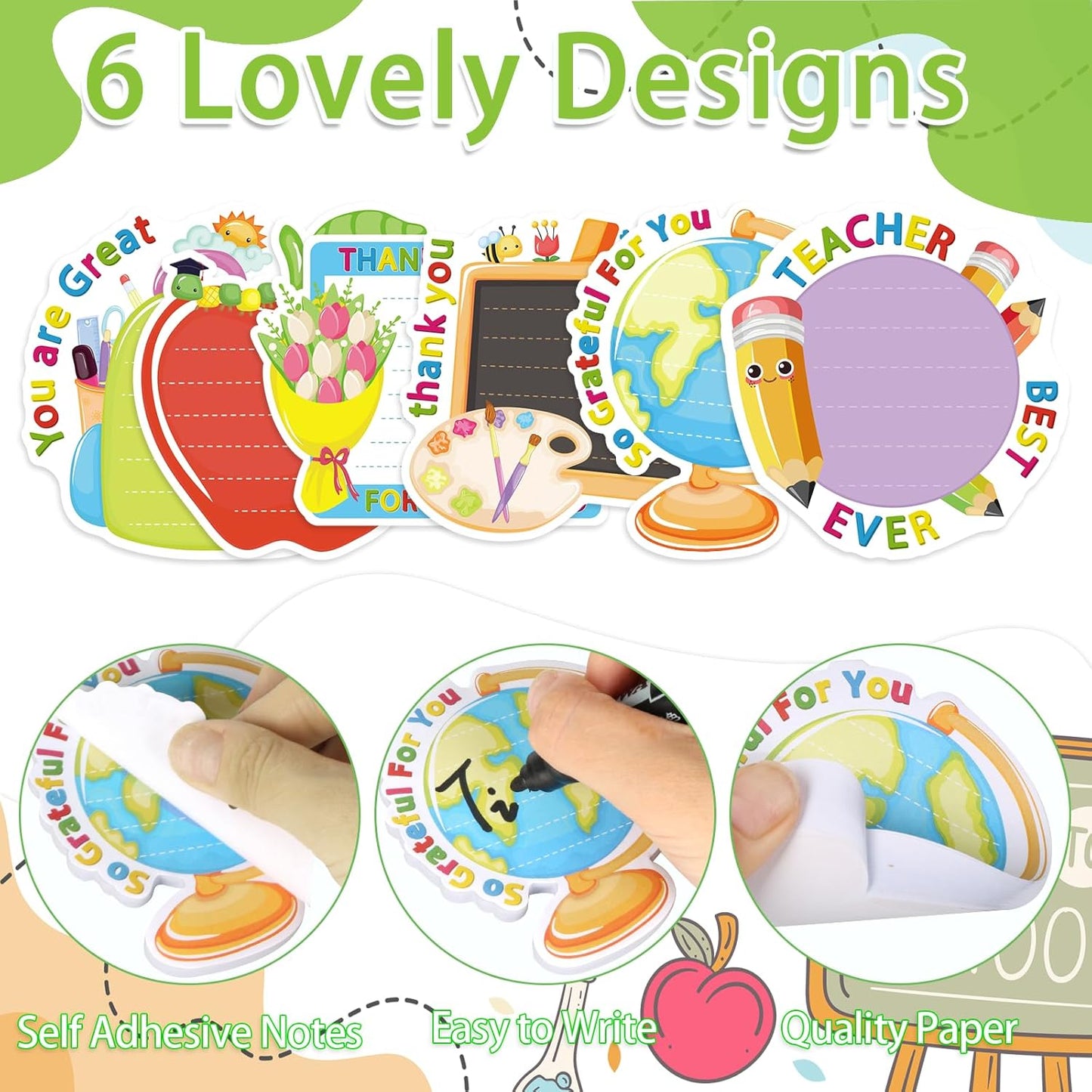 600 Pieces Teacher Sticky Note Pads, Funny School Bag Books Pens Flowers Sticky Notes Self Stick Small Memo Pads for Back to School Teacher Party Favor Supplies