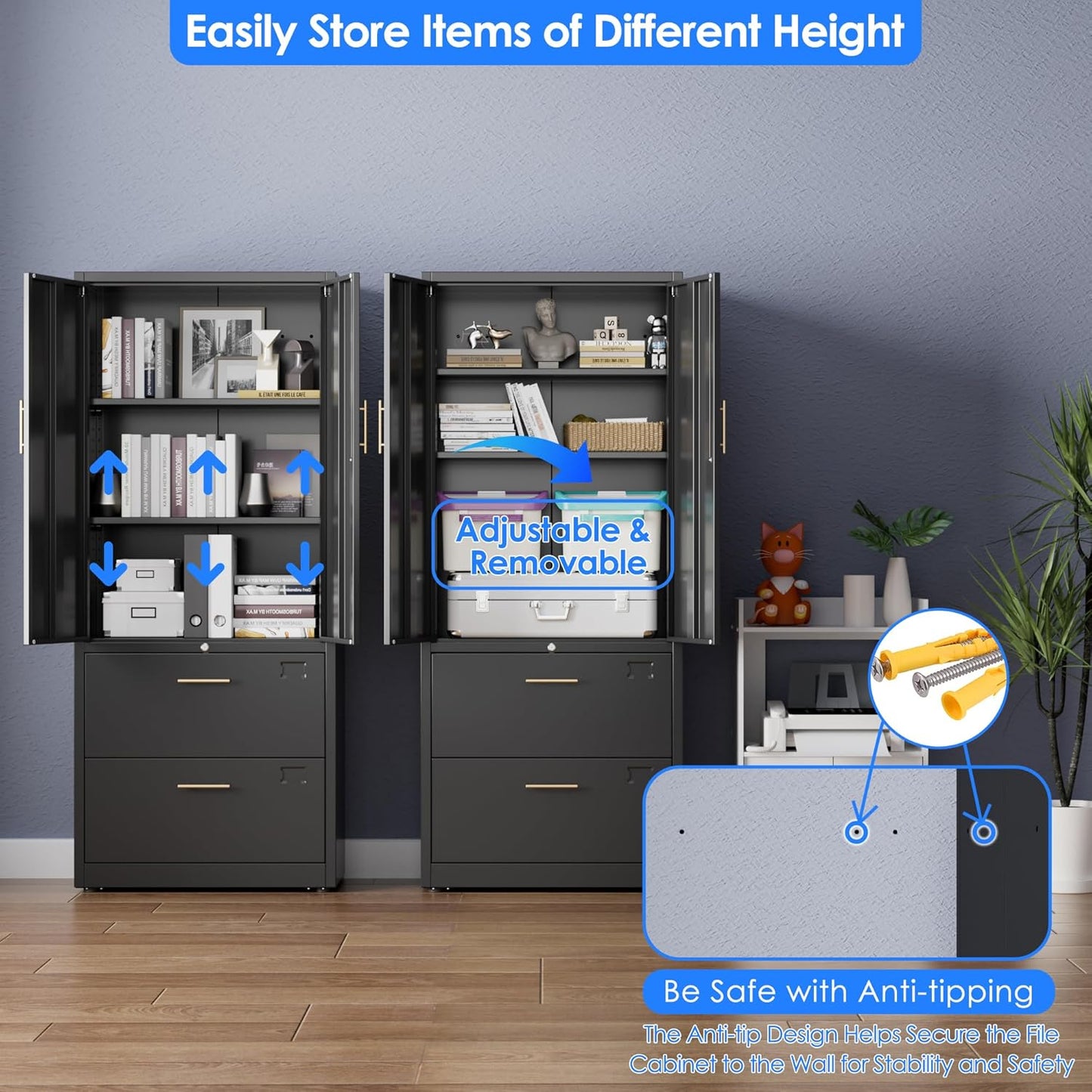 2 Drawer Lateral File Cabinet with Lock, Metal Filing Storage Cabinet with Locking Doors and 2 Adjustable Shelves for Home, Office, School, Fits A4/Letter/Legal Size Folders, Assembly Required