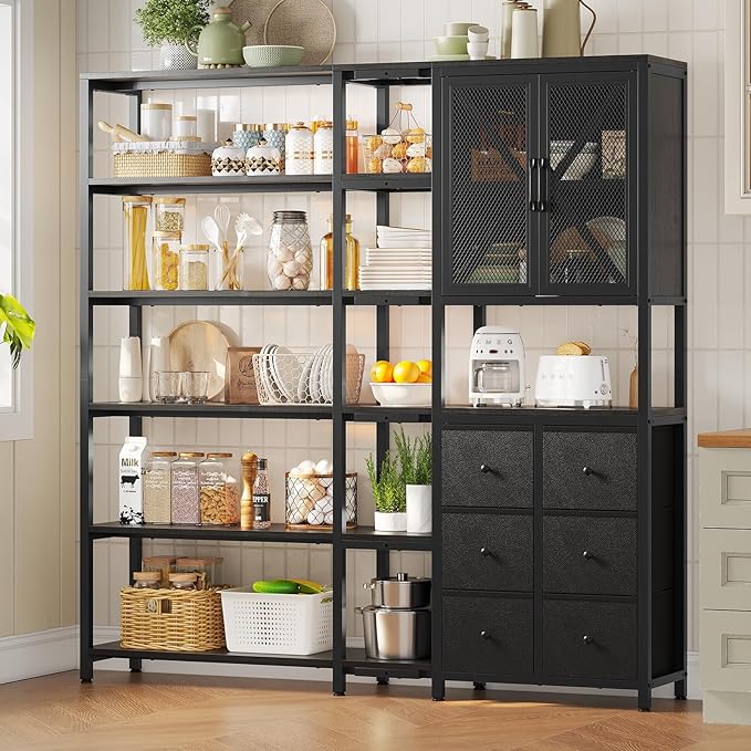 Corner Bookshelf, 6 Tier Industrial Convertible Bookshelf with 6 Fabric Drawers, Corner Bookcase Large L Shaped Storage Display Shelf for Home Office, Living Room, Kitchen, Black