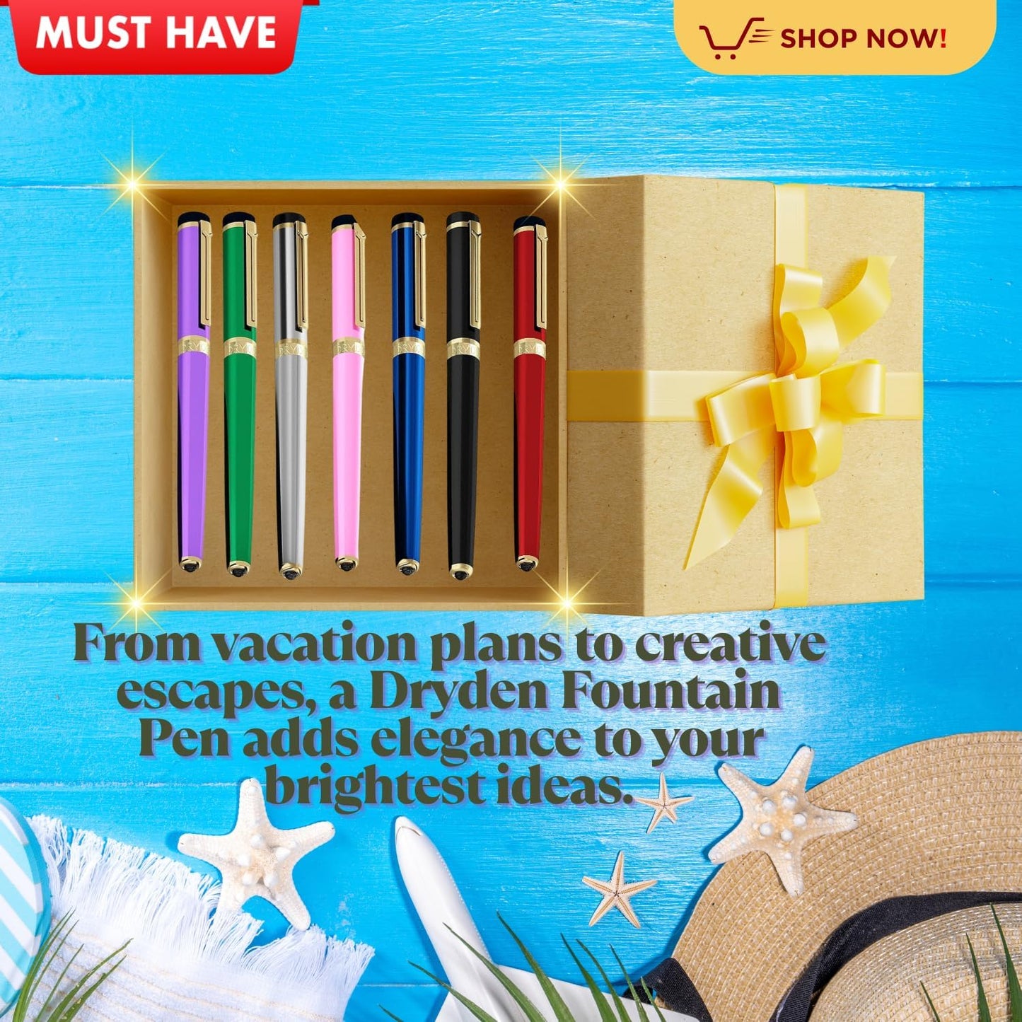 Dryden Designs Fine Nib Fountain Pen - Includes 24 Ink Cartridges - 12 Black and 12 Blue - Black - Smooth Elegant Writing with Fine Nib and Ink Converters