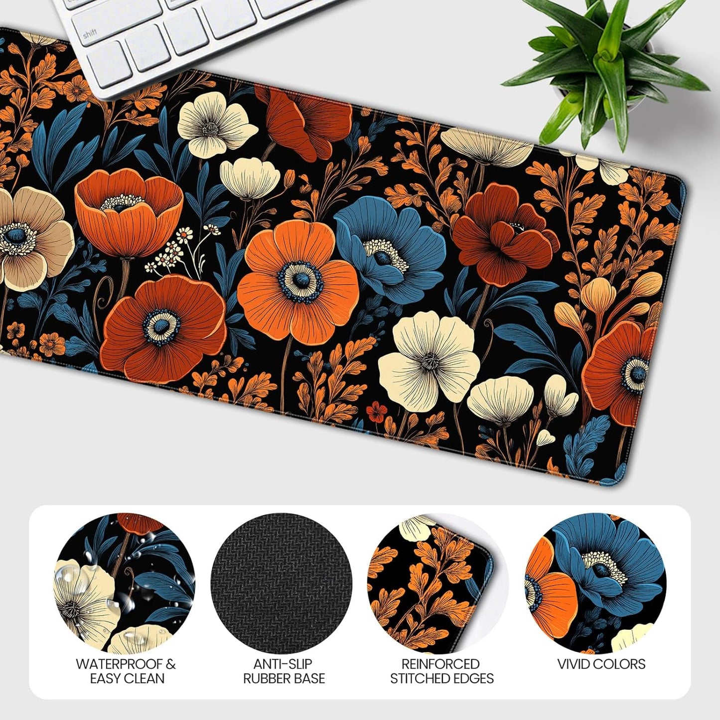 35.4 x 15.7 inches, Large Desktop Mouse pad, Keyboard and Mouse Pads for Work and Home Computers, and Large Laptop Mouse mat,Orange Blue Flowers