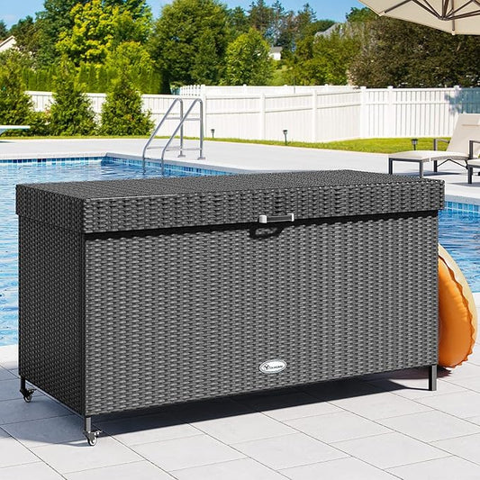 YITAHOME 200 Gallon Large Wicker Deck Box w/Storage Net, Rattan XL Outdoor Storage Box Patio Cushion Storage, Waterproof Storage Box for Patio Furniture, Garden Tools, Pool Sports Equipment (Black)