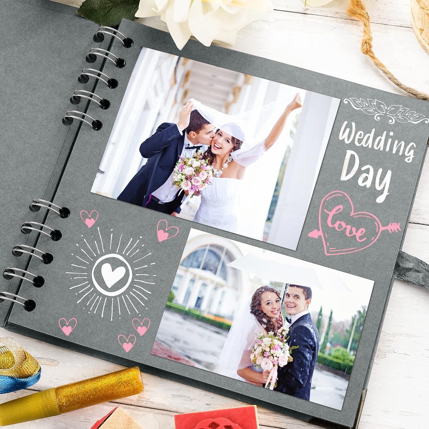 Bstorify Square Scrapbook Photo Albums 7 x 7 Inch Grey Hardcover with Ribbon Closure - Ideal for Scrapbooking, Art & Craft Projects