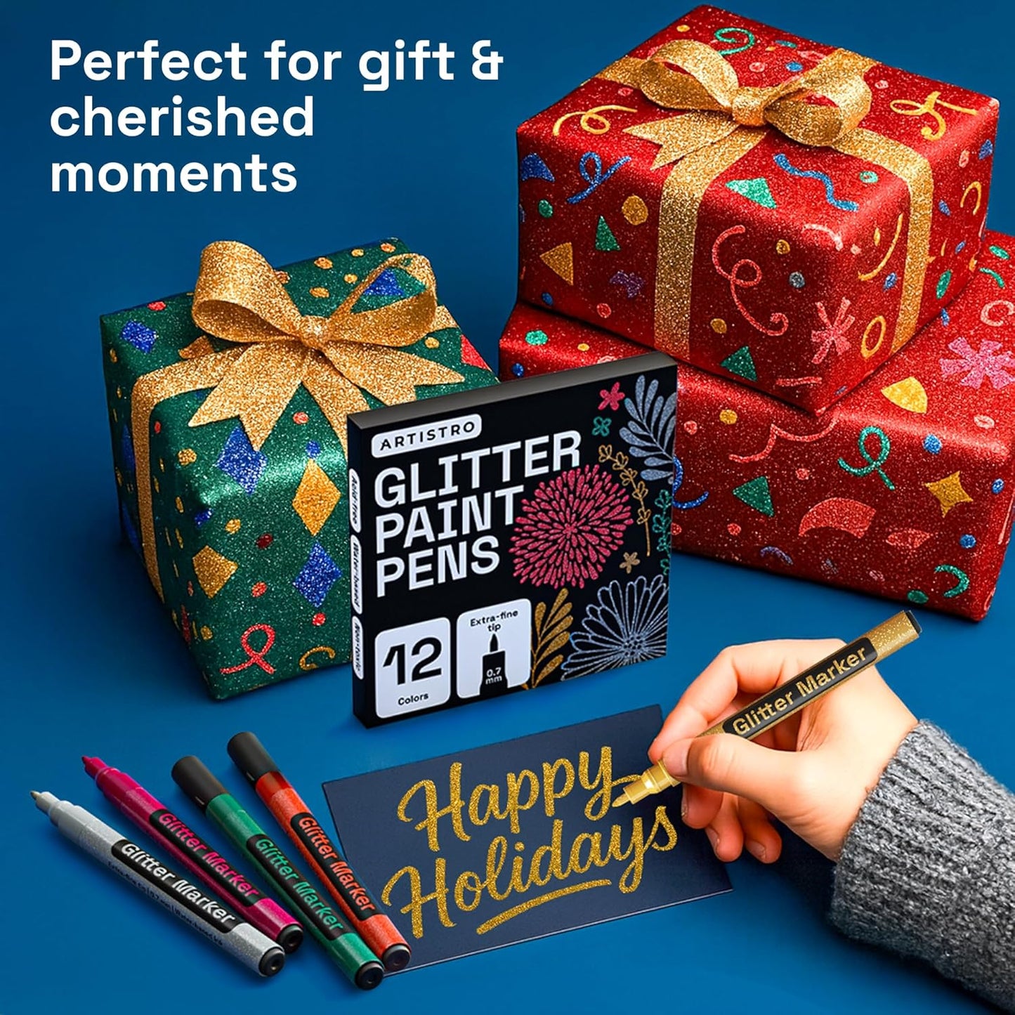 ARTISTRO 12 Glitter Paint Pens Sparkly and Shiny for Glass, Rock Painting, Ceramic, Wood, Fabric, Scrapbooking, DIY Craft Making, Coloring - Acrylic Paint Markers Extra-Fine Tip 0.7mm