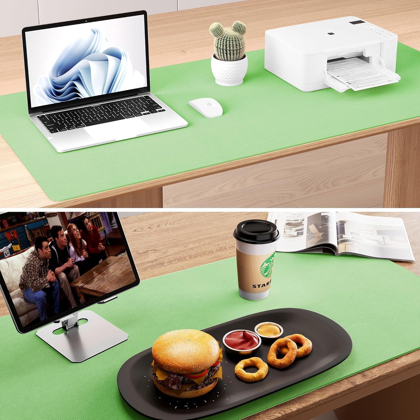 Aothia Double-Sided Desk Pad, 37.8"x17" Leather Desk Mat, Eco Cork Desk Pad Protector,Large Mouse Pad,Waterproof Desk Blotter for Office/Home(Light Green)