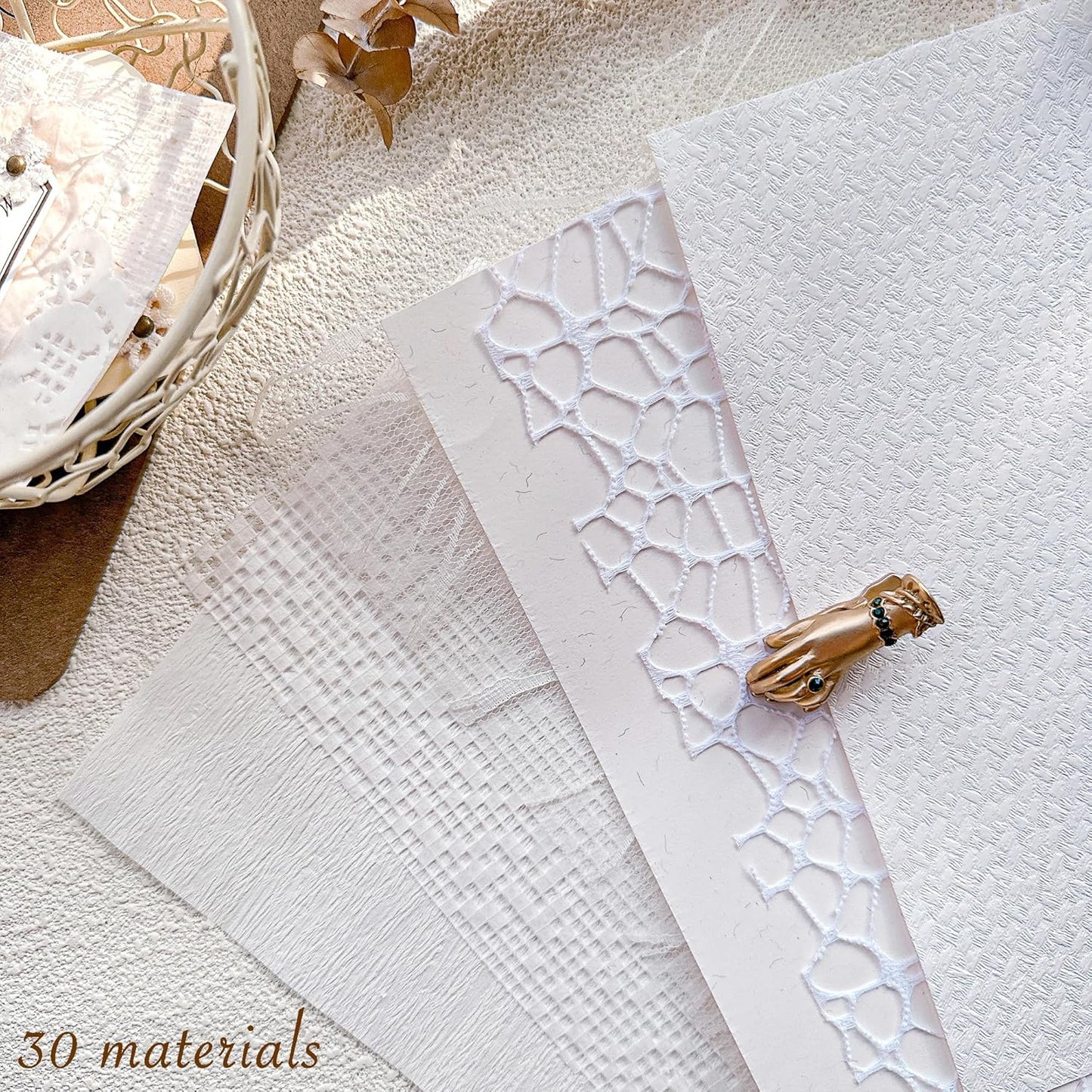 Aromoty 30 sheets Textured Scrapbook Paper&Mesh Fabric set - A4 Large Craft Mulberry Special Paper Mix for Scrapbooking White Junk Journal Supplies Card Materials Wedding Collage, 11.7x8.3 Inches