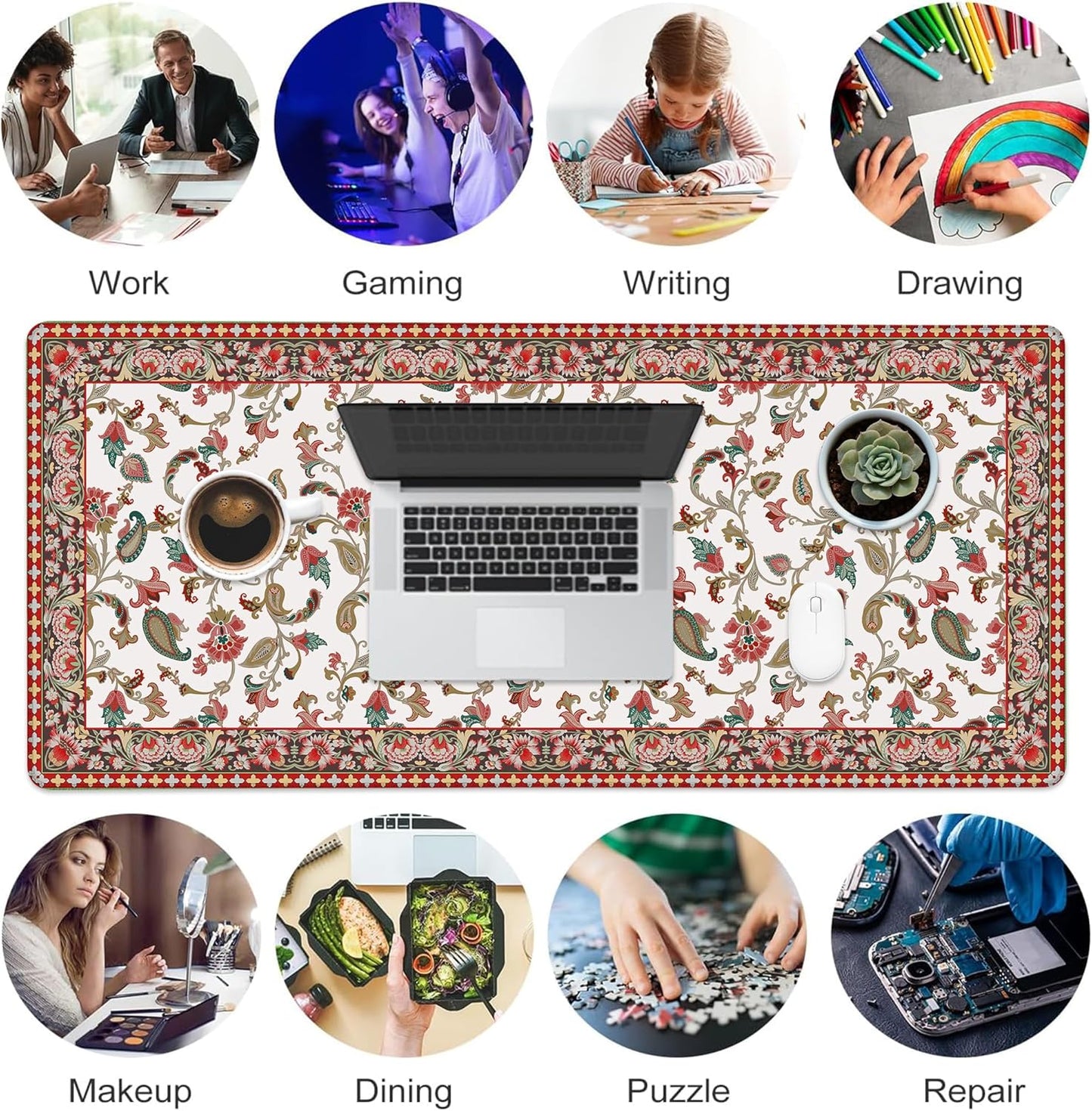 Desk Mat, Vintage Floral Large Gaming Mouse Pad with Non-Slip Base Stitched Edges,Desk pad for Keyboard and Mouse Home Office 35.4"x15.7"