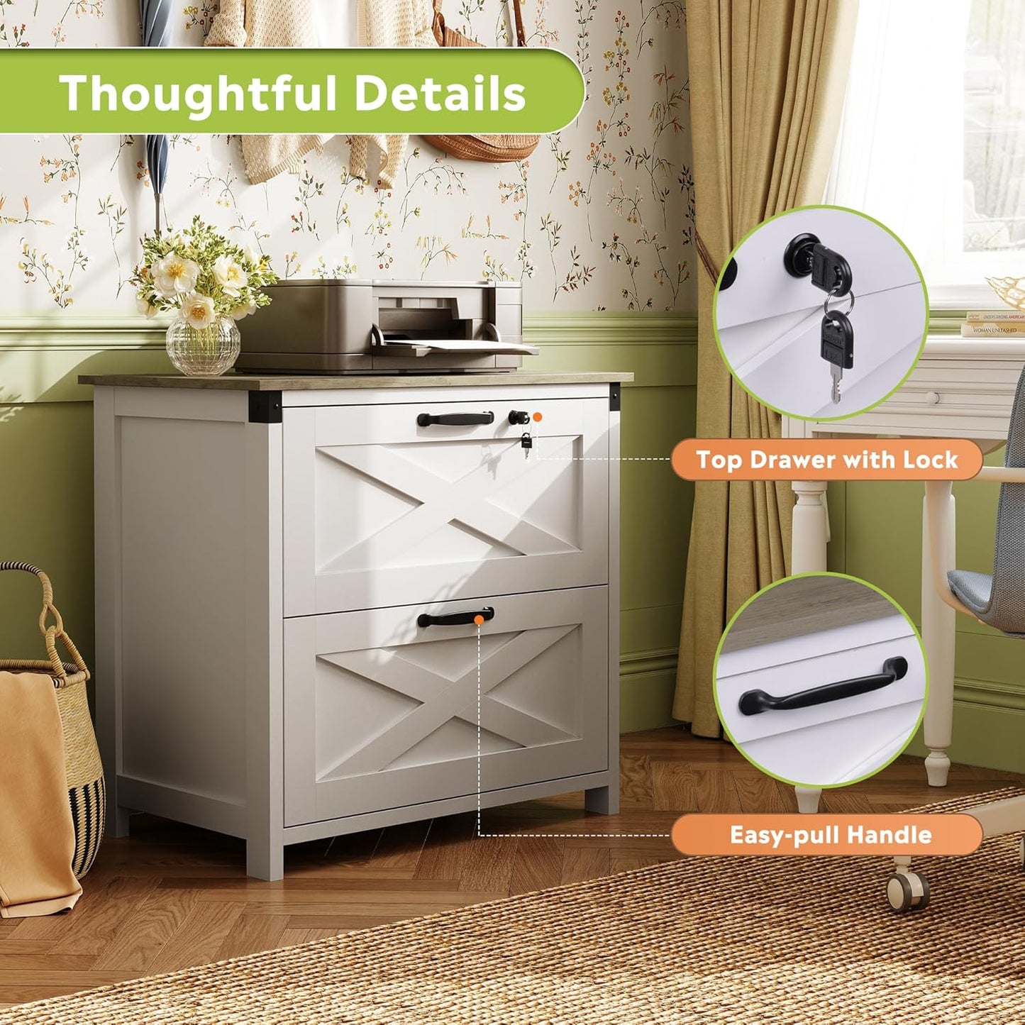 DEVAISE 2 Drawer Farmhouse File Cabinet with Lock, Lateral Filing Cabinet for Letter/Legal/A4 Size, Wood Printer Stand for Home Office, White