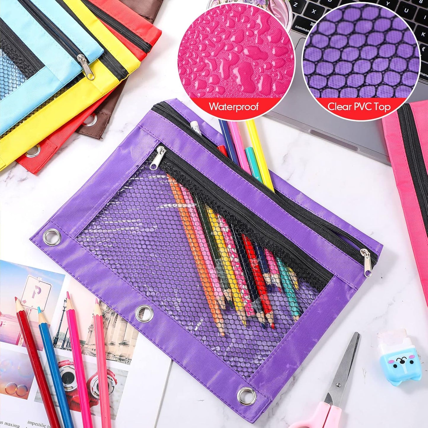 60 Pack Pencil Pouch 3 Ring Zipper Pencil Pouches Case Binder Cosmetic Bag 420d PVC Clear Film Pencil Case Kawaii Office Supplies Double Zip Zipper Pouch (Multi Color)