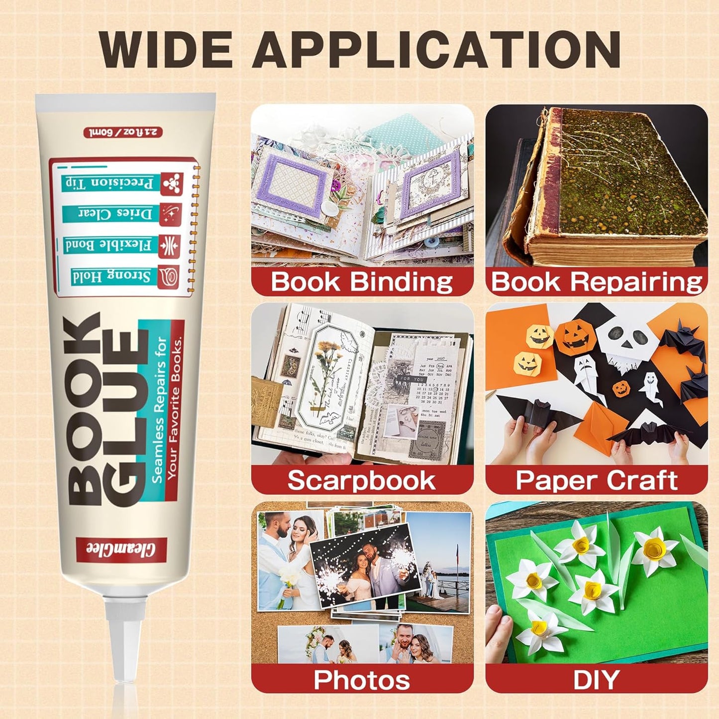 Book Glue, Dries Clear & Flexible Book Binding Glue Adhesive, Used for Bookbinding and Book Repair, Book Nook, Framing, Collages, Paper Art and Crafts - 60ml