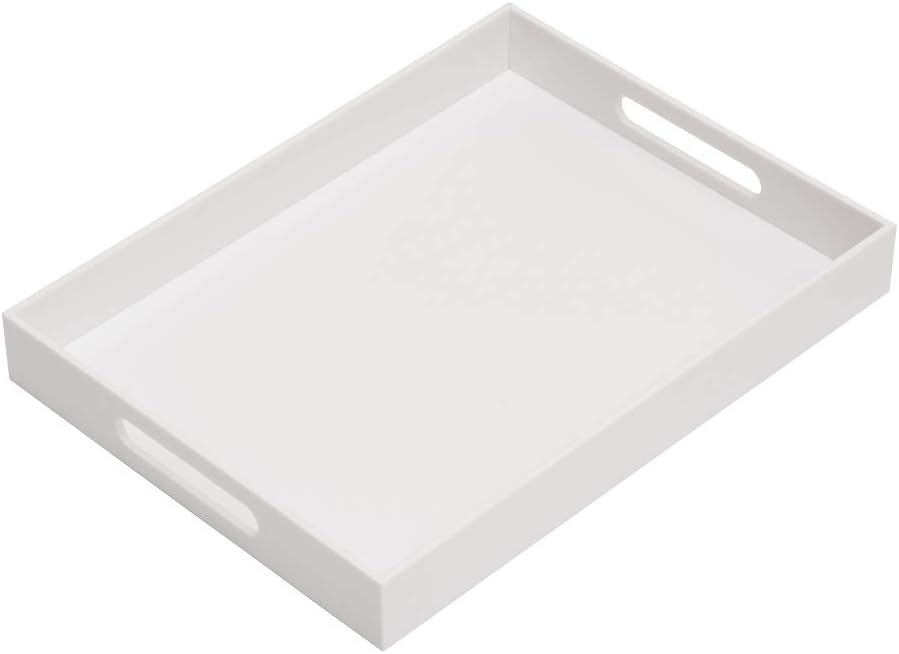 Glossy White Acrylic Serving Tray, 12x16Inch, Sturdy Kitchen Countertop Organizer, Decorative Vanity Table Tray, Ottoman Tray, 3/16 inch Thickness