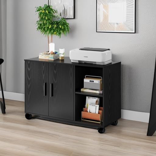 DEVAISE Office Storage Cabinet with Doors and Shelves, Lateral Printer Stand for Office Supplies and File Storage, Filing Cabinet for Home Office, Black