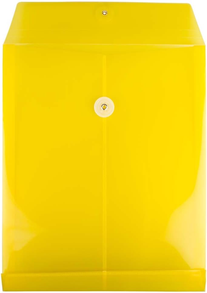 JAM PAPER Plastic Envelopes with Button & String Tie Closure - Letter Open End - 9 3/4 x 11 3/4 - Yellow - 12/Pack