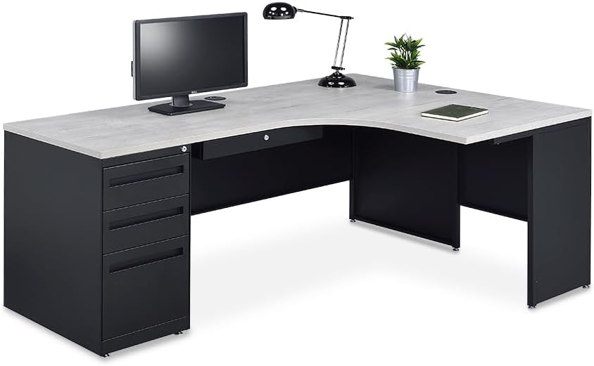nbf signature series L Shaped Computer Desk with 3-Drawer Pedestal and Right Return Ergonomic Office Desk 72" Wx48 D Gray Wash Maple for Corner Working PC Desk