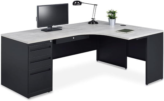 nbf signature series L Shaped Computer Desk with 3-Drawer Pedestal and Right Return Ergonomic Office Desk 72" Wx48 D Gray Wash Maple for Corner Working PC Desk