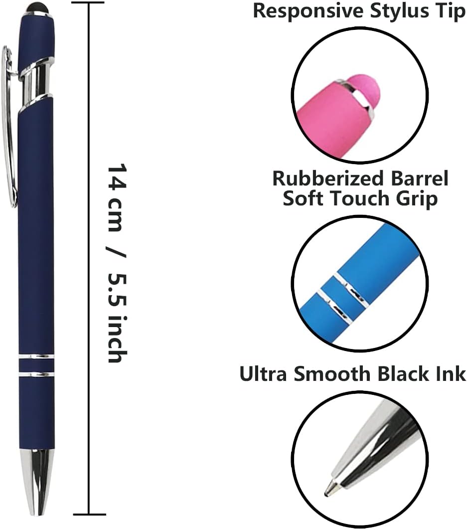 Ballpoint Pen with Stylus Tip, Soft Touch Click Metal Pen, 1.0mm Medium Point, Black Ink, 12 Count(Dark Blue)