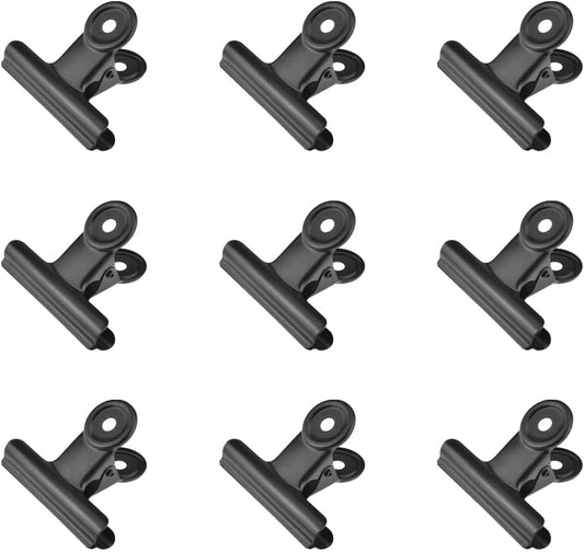 HAHIYO 2.5inch Black Bulldog Clips Metal File Hinge Binder Clips Clamps Save Space Strong Spring Jaws Rock Solid Grip Book Lay Flat Deburred Edge for Hang Photos Wall Grid Dog Food 9PCS
