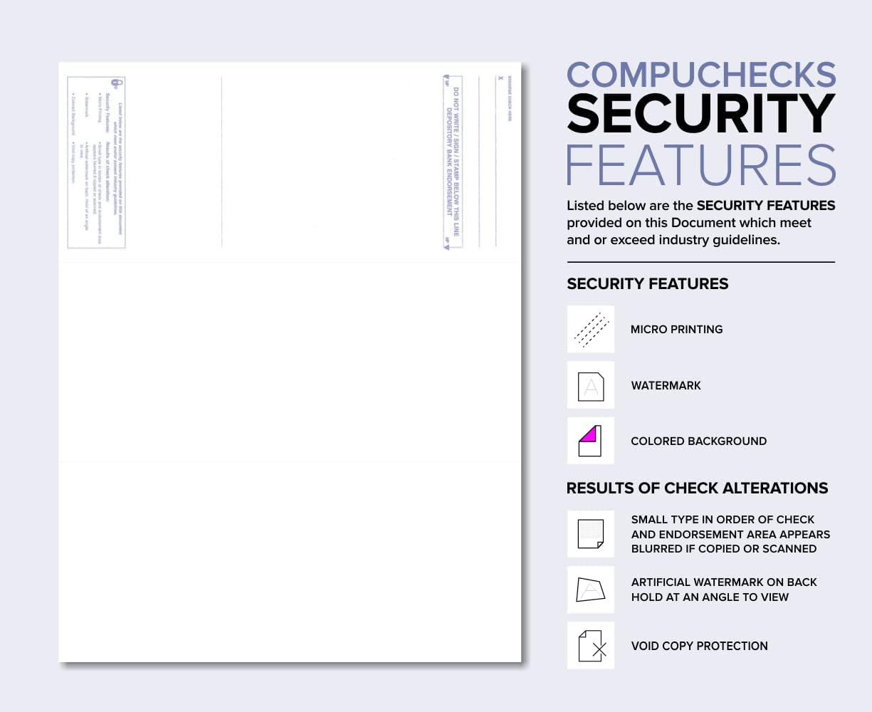 Compuchecks Check on Top Blank Check Paper - 250 Pack, Quick-Books & Laser Printer Compatible - Security Business Checks with Voucher - 8.5" x 11" Blue/Green Prismatic