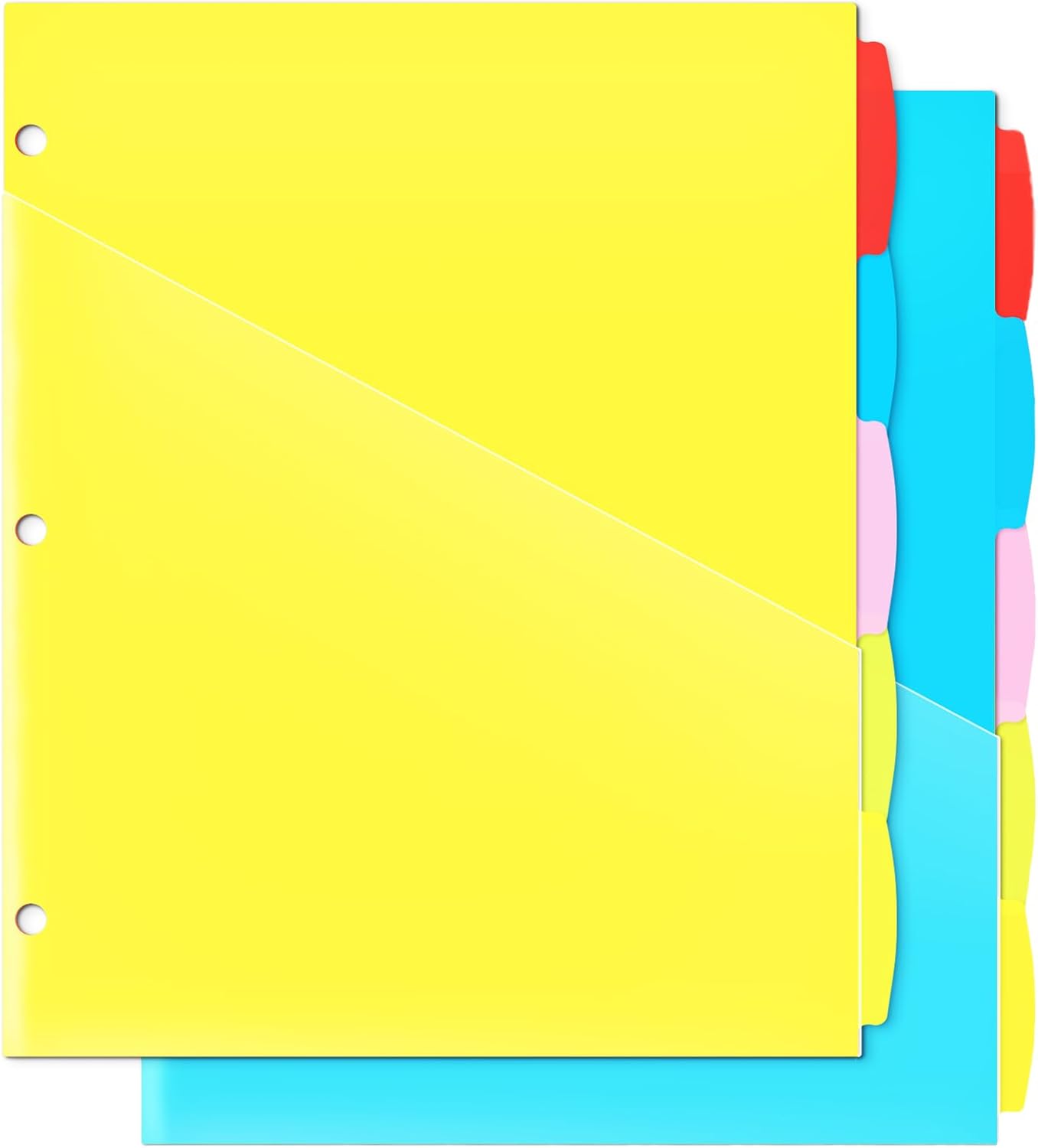5 Tabs Plastic Dividers with 2 Clear Pockets - 2 Sets, Pocket Dividers for 3-Ring Binders, Multi-Color Binder Dividers, Total 10 Tabs