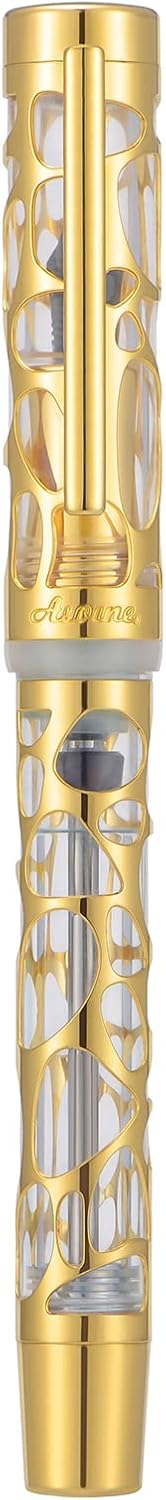 Asvine V169 Vacuum Filling Fountain Pen Medium Nib, Water Drop Skeleton Gold Trim Transparent Clear Acrylic Pen Case Set
