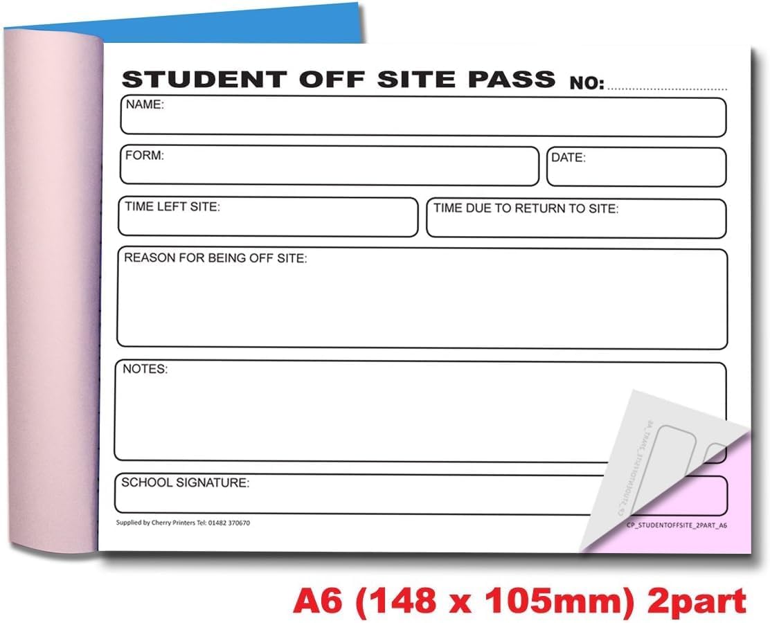 Cherry | Carbonless NCR | School Student Off Site Pass | 2pt Book | A6 (4.1 x 5.8 Inches) | 50 Sets |