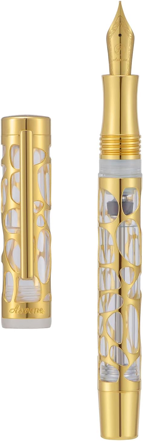 Asvine V169 Vacuum Filling Fountain Pen Medium Nib, Water Drop Skeleton Gold Trim Transparent Clear Acrylic Pen Case Set