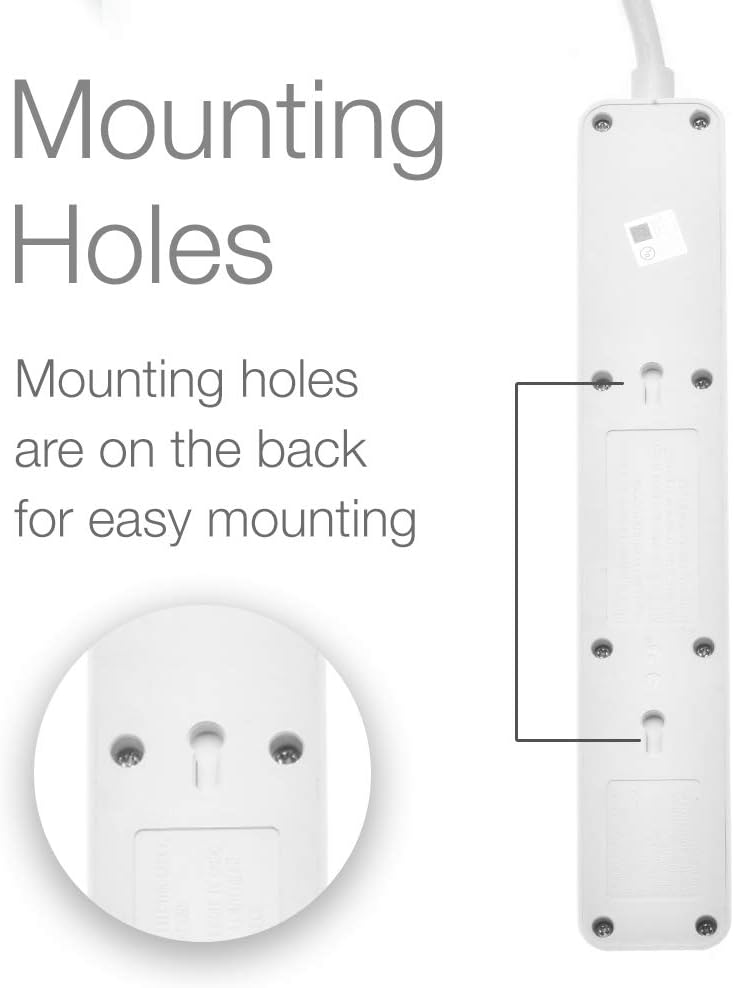 Digital Energy 6-Outlet + 2 USB 1050 Joule Surge Protector Power Strip with 25-Ft Long Extension Cord, White, UL Listed