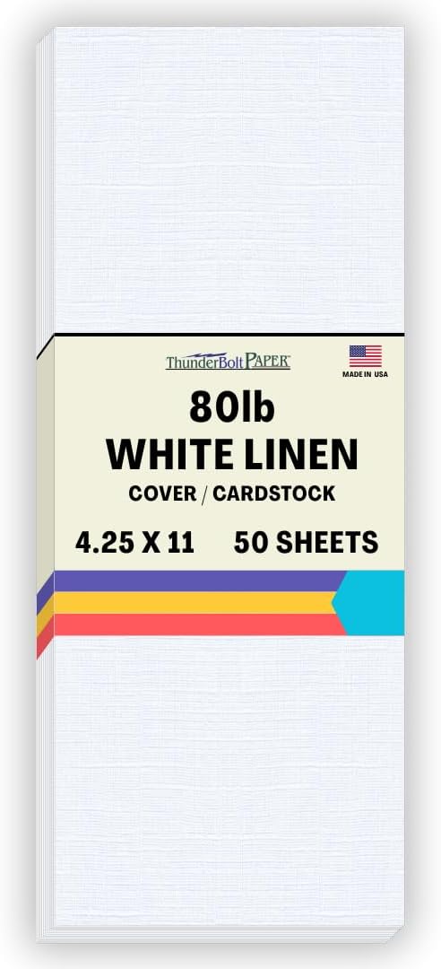 50 Bright White Linen 80# Cover Paper Sheets - 4.25 X 11 Inches Half Letter Size Cut Long - 80 lb/pound Card Weight - Fine Linen Textured Finish Cardstock