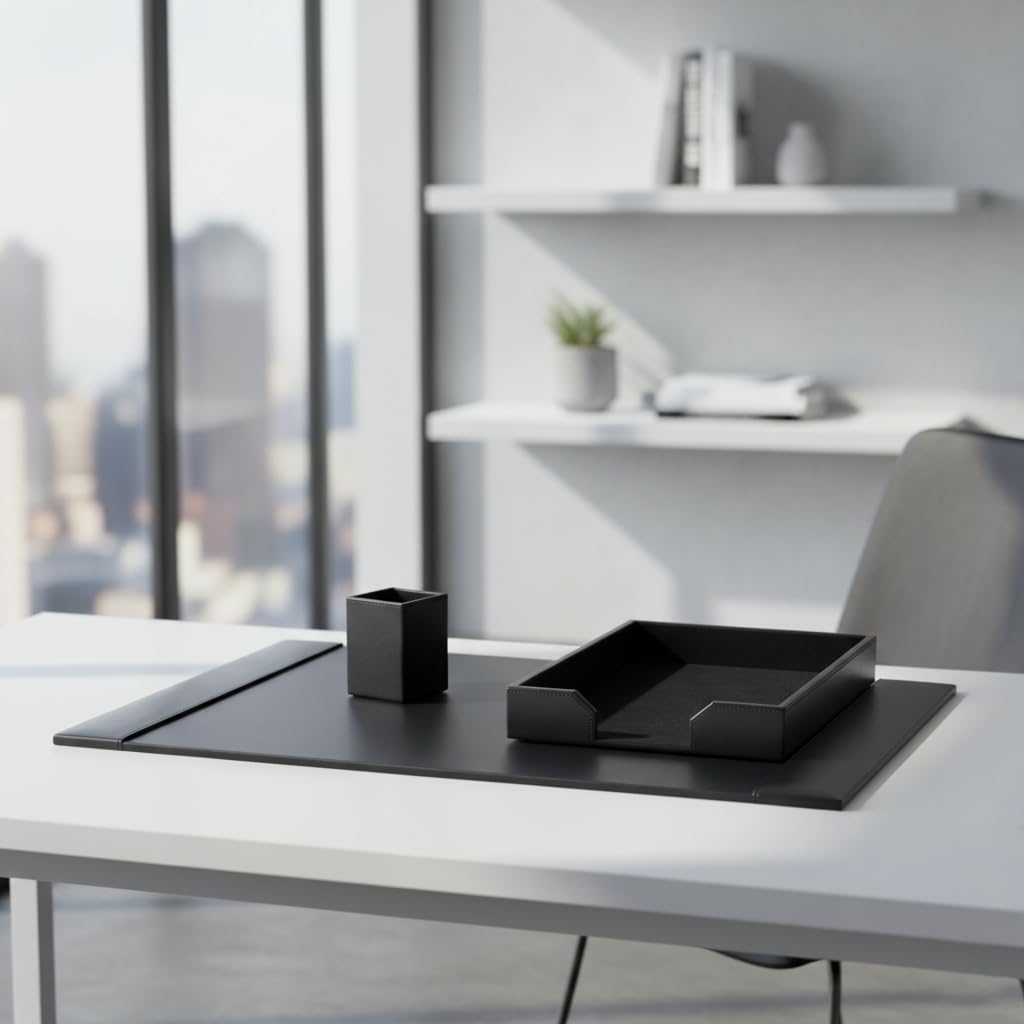 Dacasso Black Bonded Leather Luxury 3 Piece Desk Set - Blotter Pad & Desk Mat Organization Essentials - Executive Decor and Surface Protector
