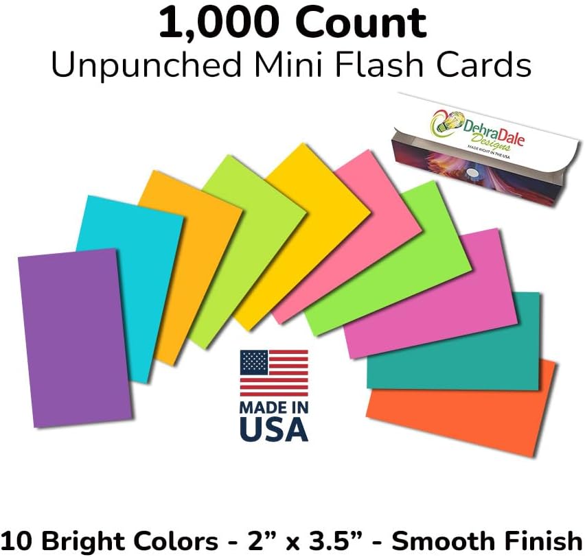 Debra Dale Designs Blank Flash Cards - Vibrant Flash Cards for Students, Color Coded Study Cards, Unruled Index Cards (Neon 2x3.5in, 65lb Cardstock, Reusable Box) [10 Colors, USA Made]