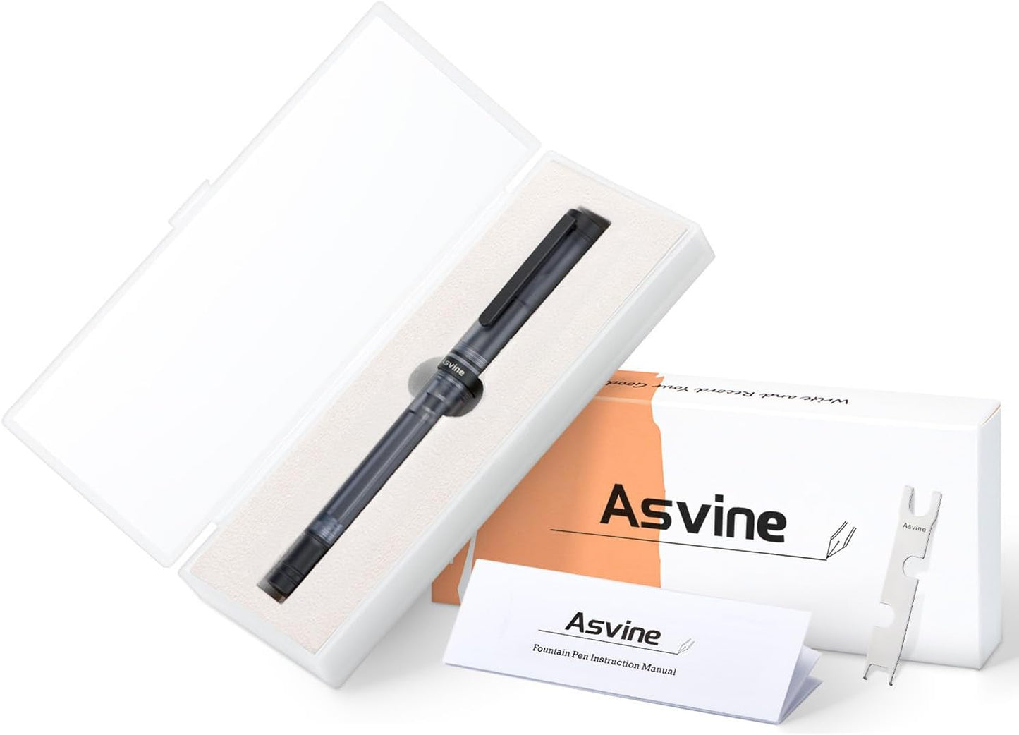 Asvine V200 Titanium Fountain Pen Vacuum Filling, Matte Black Medium Nib Clear Demonstrator Acrylic with Pen Case and Wrench