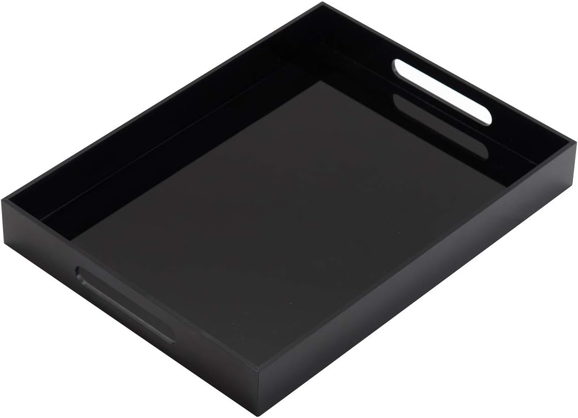 Glossy Black Sturdy Acrylic Serving Tray with Handles - 10x15 Inch, Coffee, Appetizer, Breakfast Tray - Butler, Kitchen to Vanity Table, Decorative