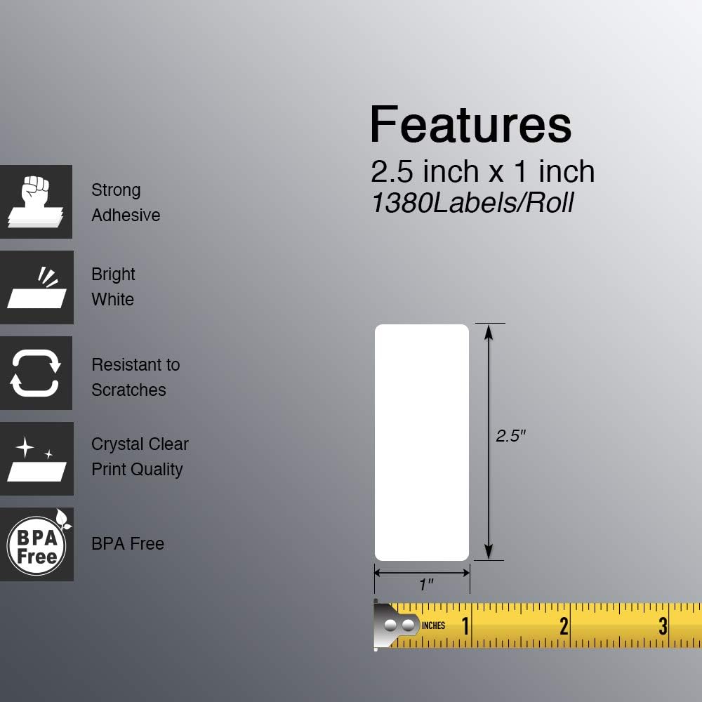 BETCKEY - 2.5" x 1" (64 mm x 25 mm) Multipurpose & Barcode Labels Compatible with Zebra & Rollo Label Printer,Premium Adhesive & Perforated [2 Rolls, 2760 Labels]