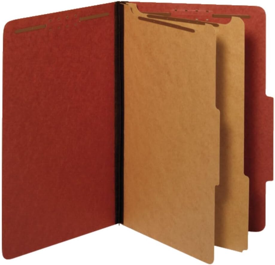 Pendaflex Recycled Classification File Folders, 2 Dividers, 2" Embedded Fasteners, 2/5 Tab Cut, Legal Size, Red, Box of 10 (29075R)