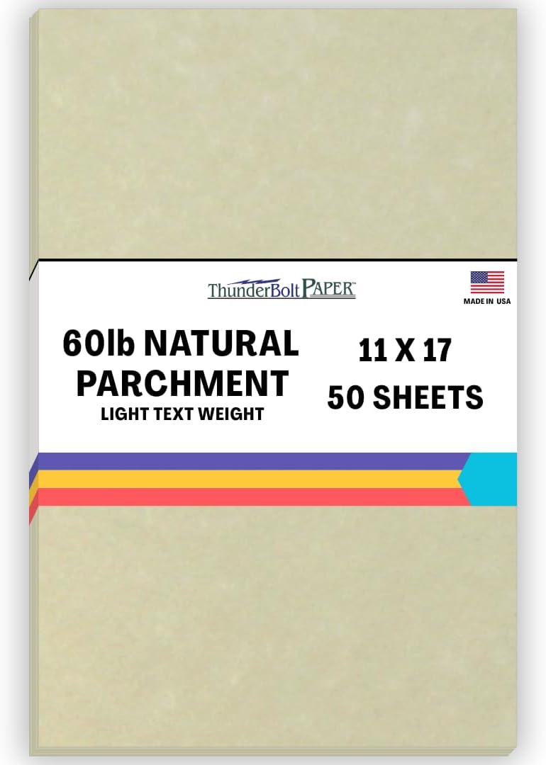 50 Natural Parchment 60# Text (=24# Bond) Paper Sheets - 11" X 17" (11X17 Inches) Tabloid|Ledger|Booklet Size - 60 Pound is Not Card Weight - Vintage Colored Old Parchment Semblance