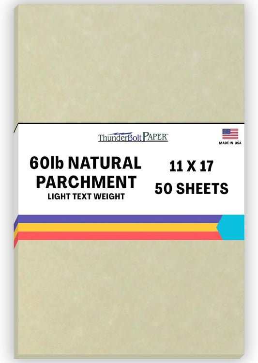 50 Natural Parchment 60# Text (=24# Bond) Paper Sheets - 11" X 17" (11X17 Inches) Tabloid|Ledger|Booklet Size - 60 Pound is Not Card Weight - Vintage Colored Old Parchment Semblance