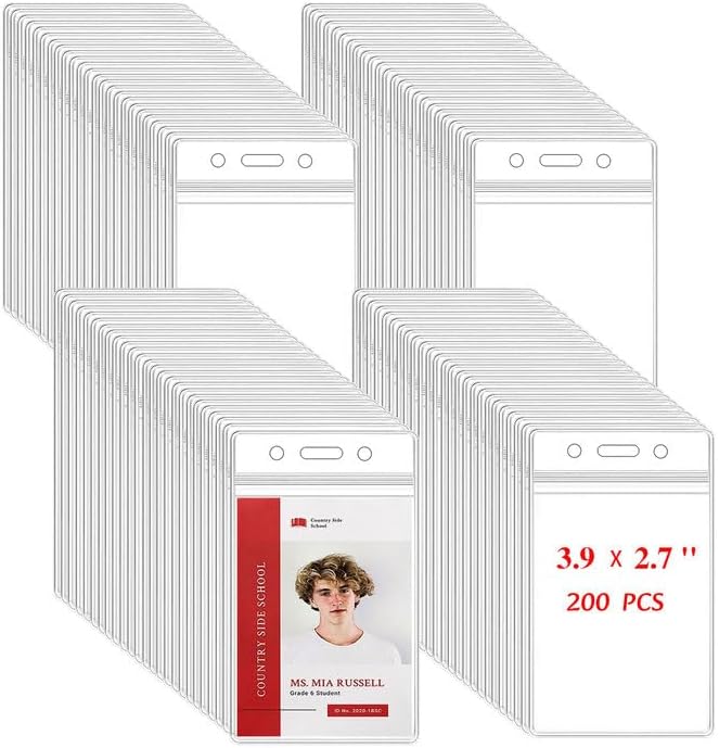 200 Pack Name ID Badge Holder-Plastic Badge Holder for Lanyard, Vertical Extra Thick 3.9" x 2.7" Waterproof Name tag Holder for School/Office/Hospital/Exhibition/Party/Credit Card (200)