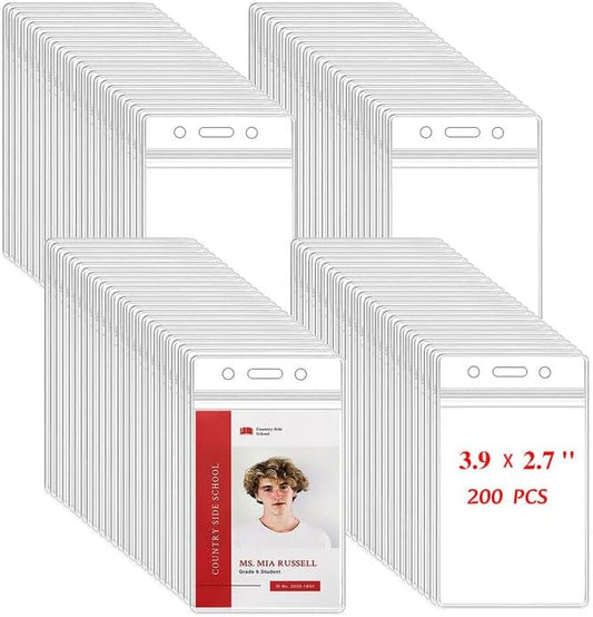 200 Pack Name ID Badge Holder-Plastic Badge Holder for Lanyard, Vertical Extra Thick 3.9" x 2.7" Waterproof Name tag Holder for School/Office/Hospital/Exhibition/Party/Credit Card (200)