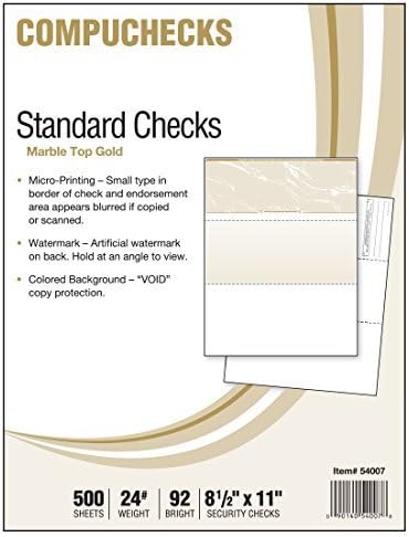 Compuchecks Top Blank Check Paper - 25 Pack, Quick-Books & Laser Printer Compatible - Security Business Checks with Voucher - 8.5" x 11" Gold Marble