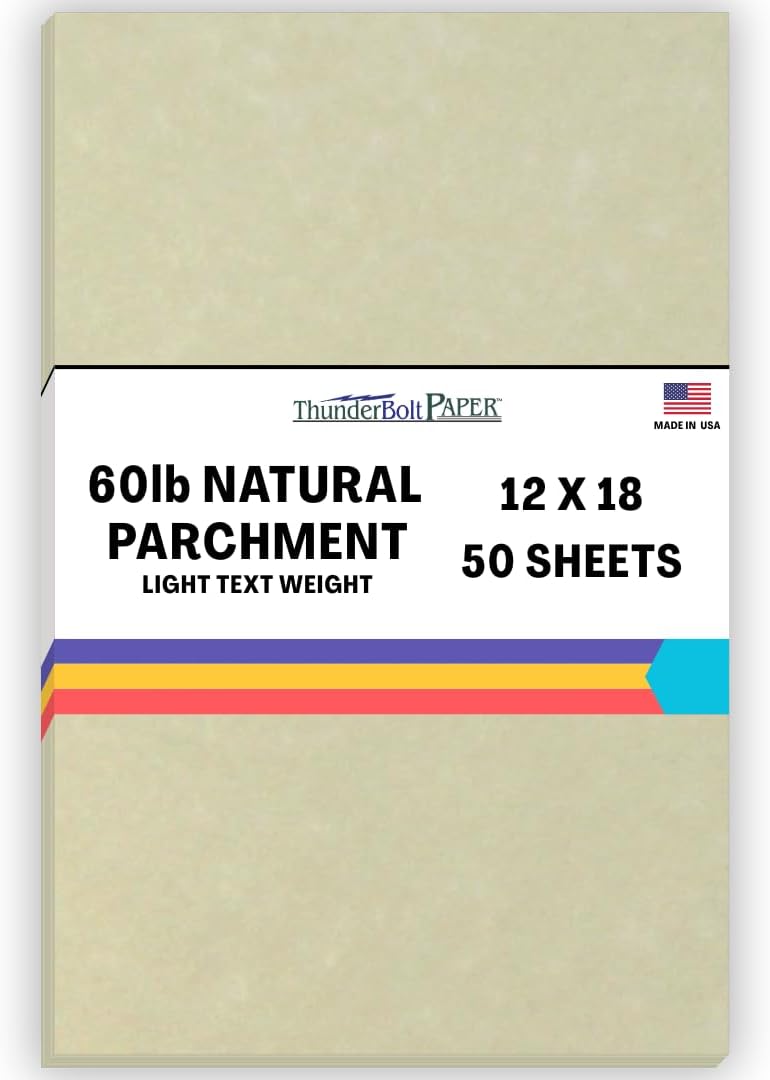 50 Natural Parchment 60# Text (=24# Bond) Paper Sheets - 12 X 18 Inches Poster | Large Size - 60 Pound is Not Card Weight - Vintage Colored Old Parchment Semblance