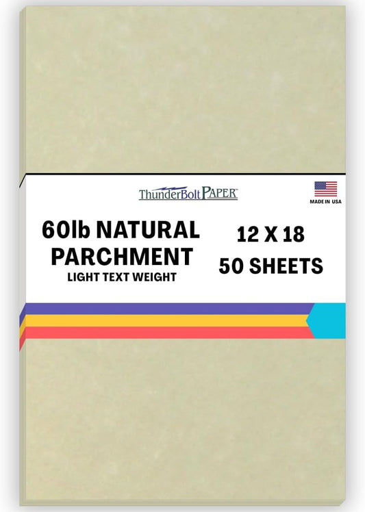 50 Natural Parchment 60# Text (=24# Bond) Paper Sheets - 12 X 18 Inches Poster | Large Size - 60 Pound is Not Card Weight - Vintage Colored Old Parchment Semblance