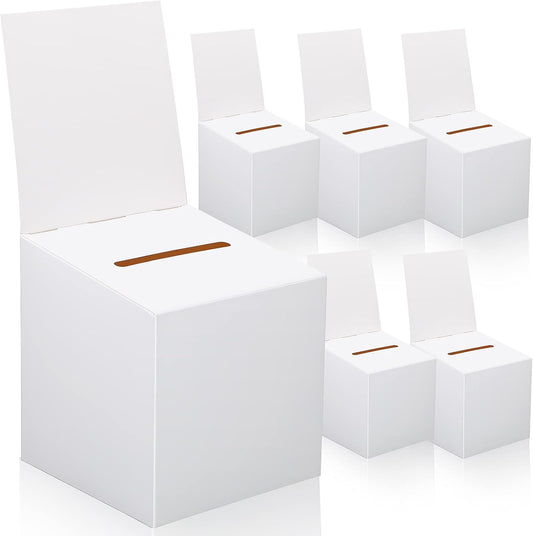 CHENGU 6 Pieces Raffle Ticket Box, 10 x 10 x 10 Inch Cardboard Box with Slot, Large Donation for Fundraising, Tip Jar, Suggestion for Collecting and Donation (White)