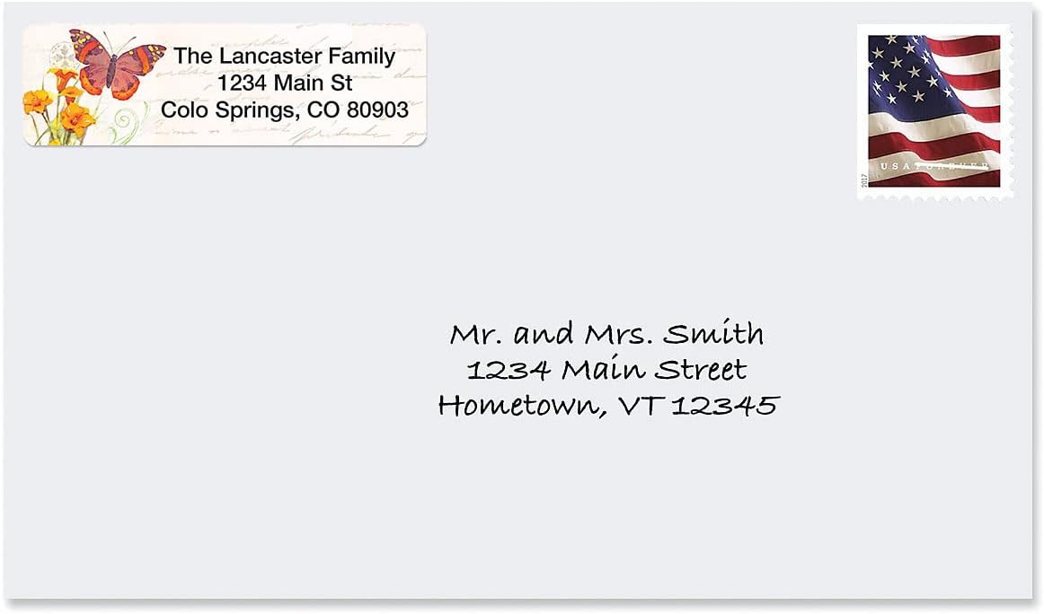 Butterflies & Flowers Rolled Personalized Return Address Mailing Labels with Dispenser, Set of 250, 5 Designs, Small ¾ x 2½ Inch Size, Custom Self-Adhesive Sticker Roll, by Colorful Images