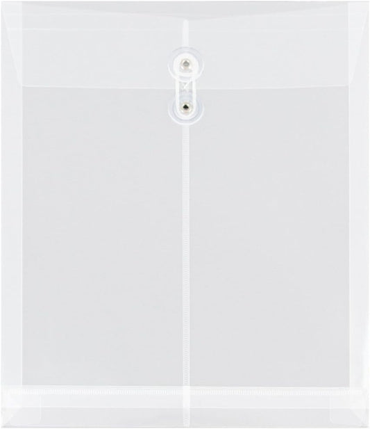 JAM PAPER Plastic Envelopes with Button & String Tie Closure - Letter Open End - 9 3/4 x 11 3/4 - Clear - 12/Pack