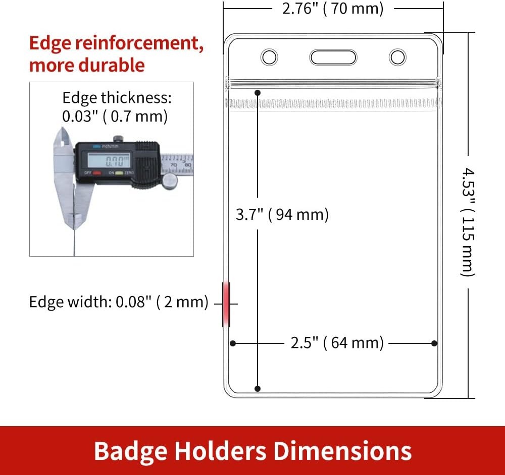 50 Pcs Clear ID Badge Holder, Vertical Plastic Name Tag Protector, Key Card Badge Holders with Waterproof Resealable Zipper for Nurses, Office, School and Lanyards Use