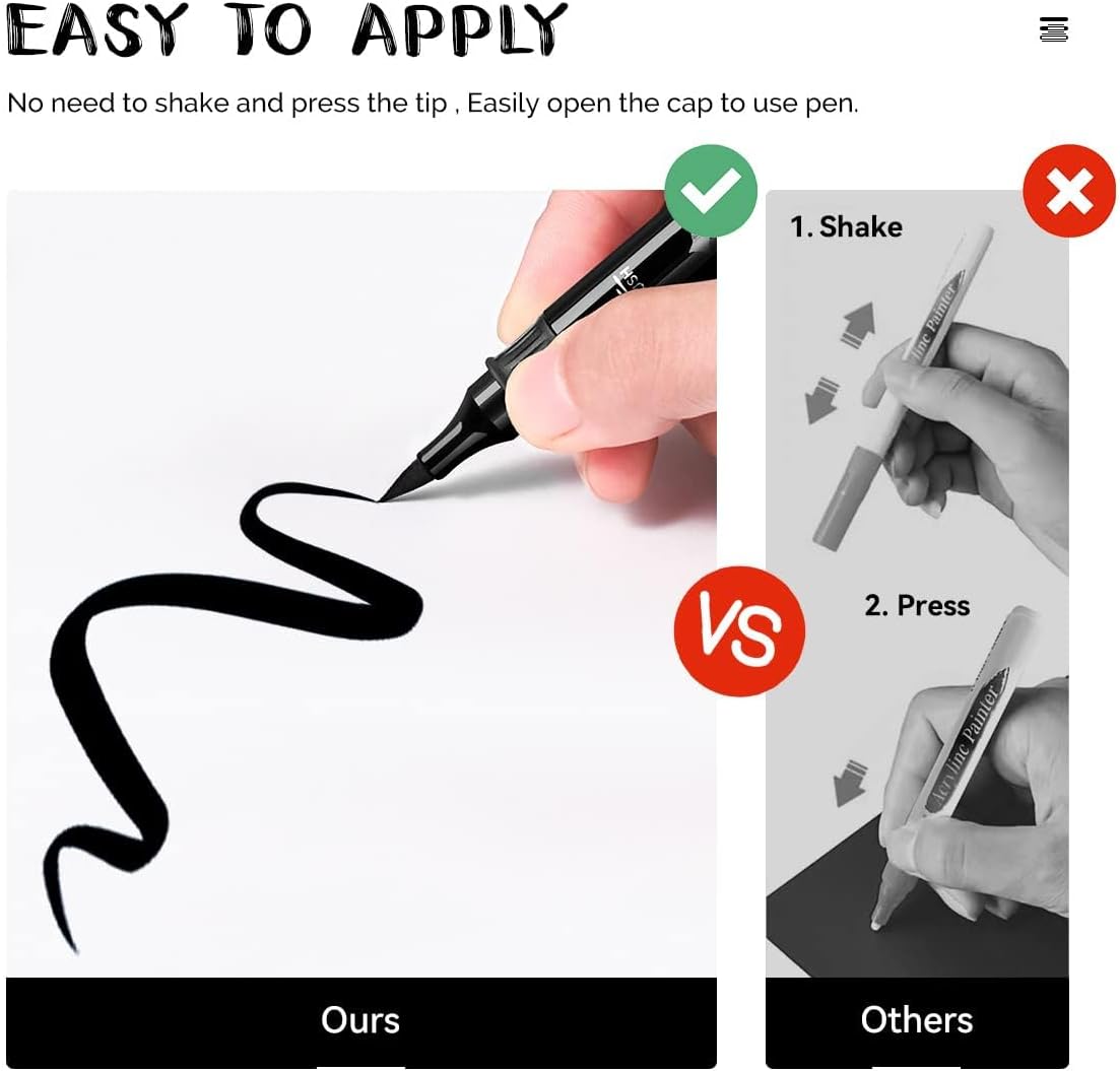 Arrtx Black Acrylic Paint Pens - 8 Pack Brush Tip and Fine Tip (Dual Tip) Black Paint Markers for Rock Painting, Water Based Acrylic Painting Supplies for Drawing, Wood, Canvas, Easter Egg