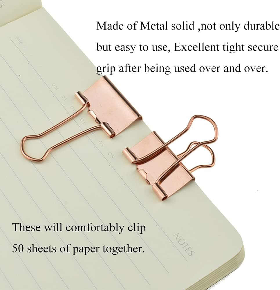 HAHIYO Binder Clips Paper Clamps Spring Steel Sturdy 0.98 inch Width 0.31 Inch Capacity No Sharp Edges Heavy Duty Tight Grip Reusable Rose Gold Metal Bright Finish for Home Office School 25 Pack