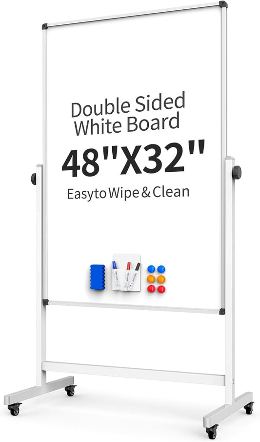Rolling Whiteboard, Double Sided Magnetic Dry Erase Board Height Adjustable Whiteboard with Stand for Home Office Classroom (48" x 32")