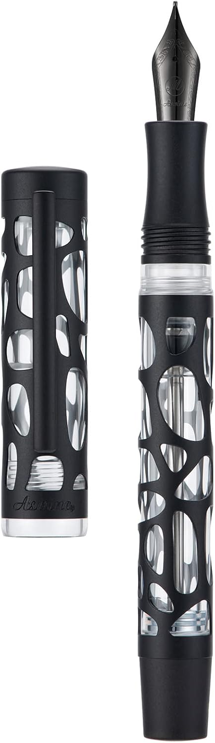 Asvine V169 Vacuum Filling Fountain Pen, Matte Black Water Drop Skeleton Transparent Acrylic Pen, Black Fine Nib Office Pen with Case Set