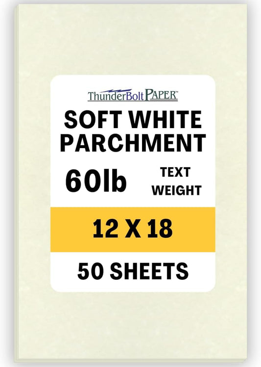 50 Soft White Parchment 60# Text (=24# Bond) Paper Sheets - 12 X 18 Inches Poster | Large Size Size - 60 Pound is Not Card Weight - Vintage Colored Old Parchment Semblance